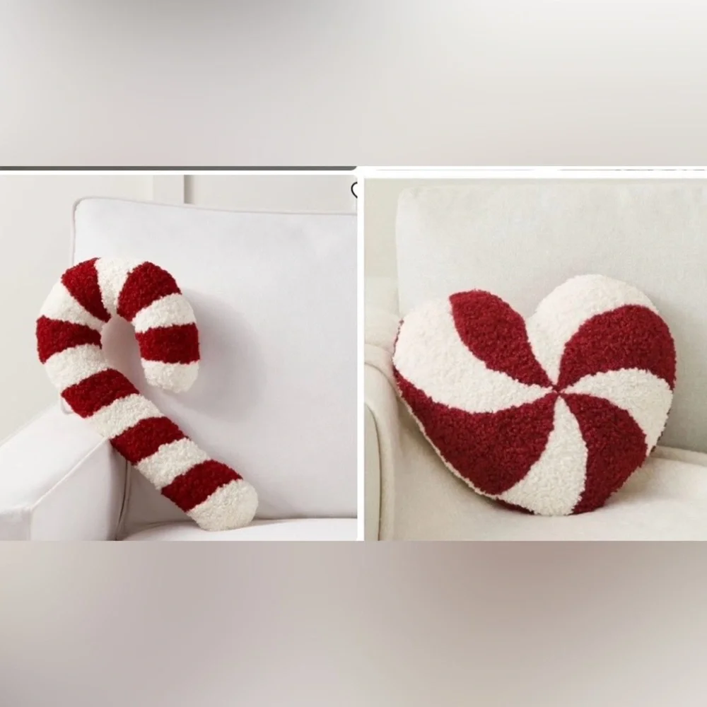 Bundle 2 Pottery Barn Cozy Teddy Faux Fur Candy Cane Heart Shaped Pillows